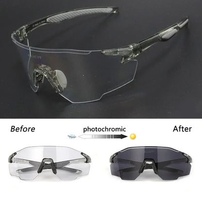 Photochromic sunglasses showing clear and dark lenses on a black background