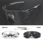 Photochromic sunglasses showing clear and dark lenses on a black background