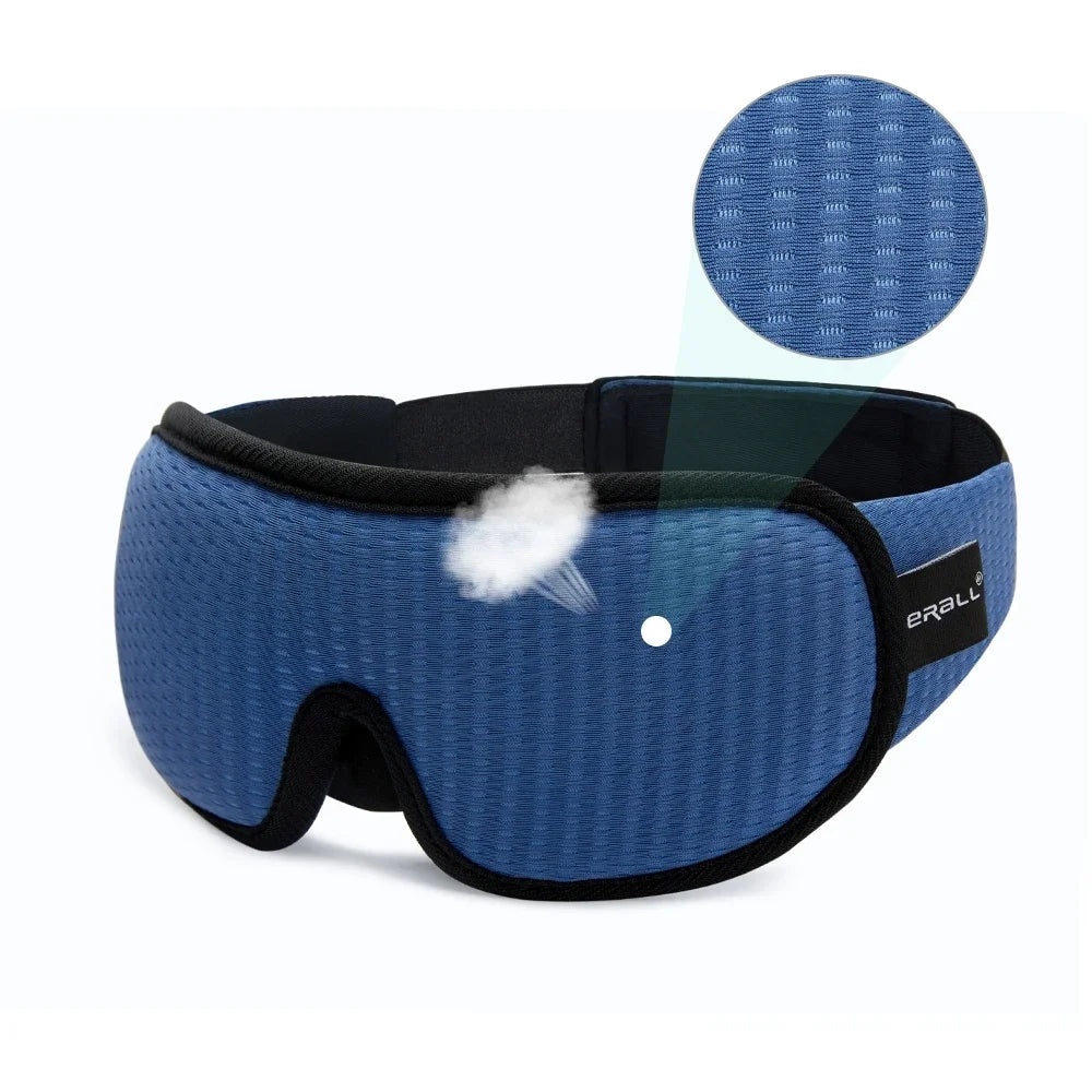 Blue sleep mask with black strap on a white background