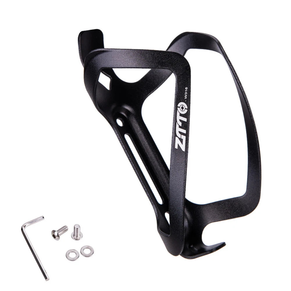 Black bicycle bottle cage with mounting hardware on a white background