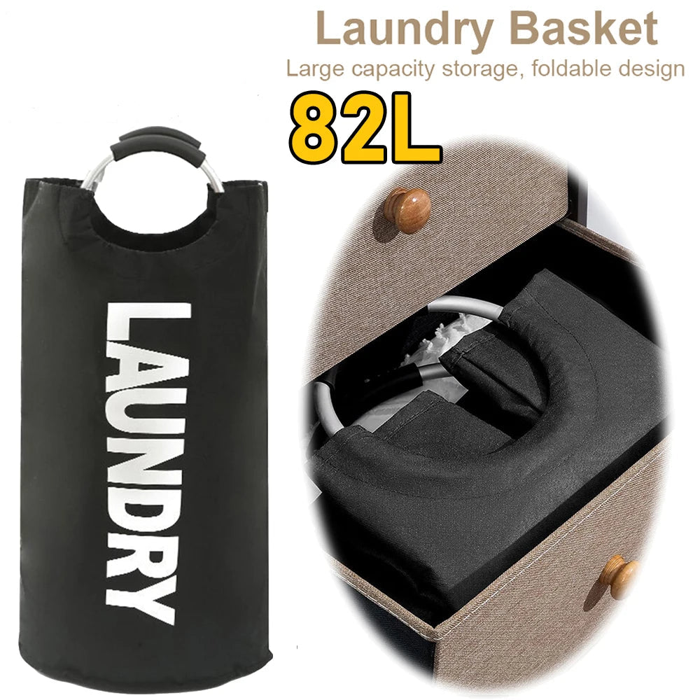 Black laundry basket with 'LAUNDRY' text and open basket showing clothes, on a white background.