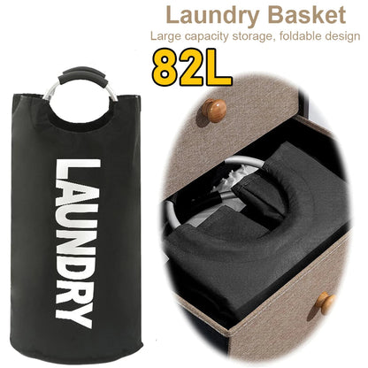 Black laundry basket with 'LAUNDRY' text and open basket showing clothes, on a white background.