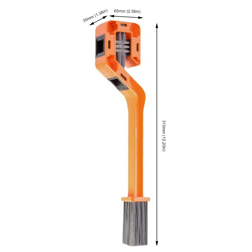 Orange chain brush tool with measurements on a white background