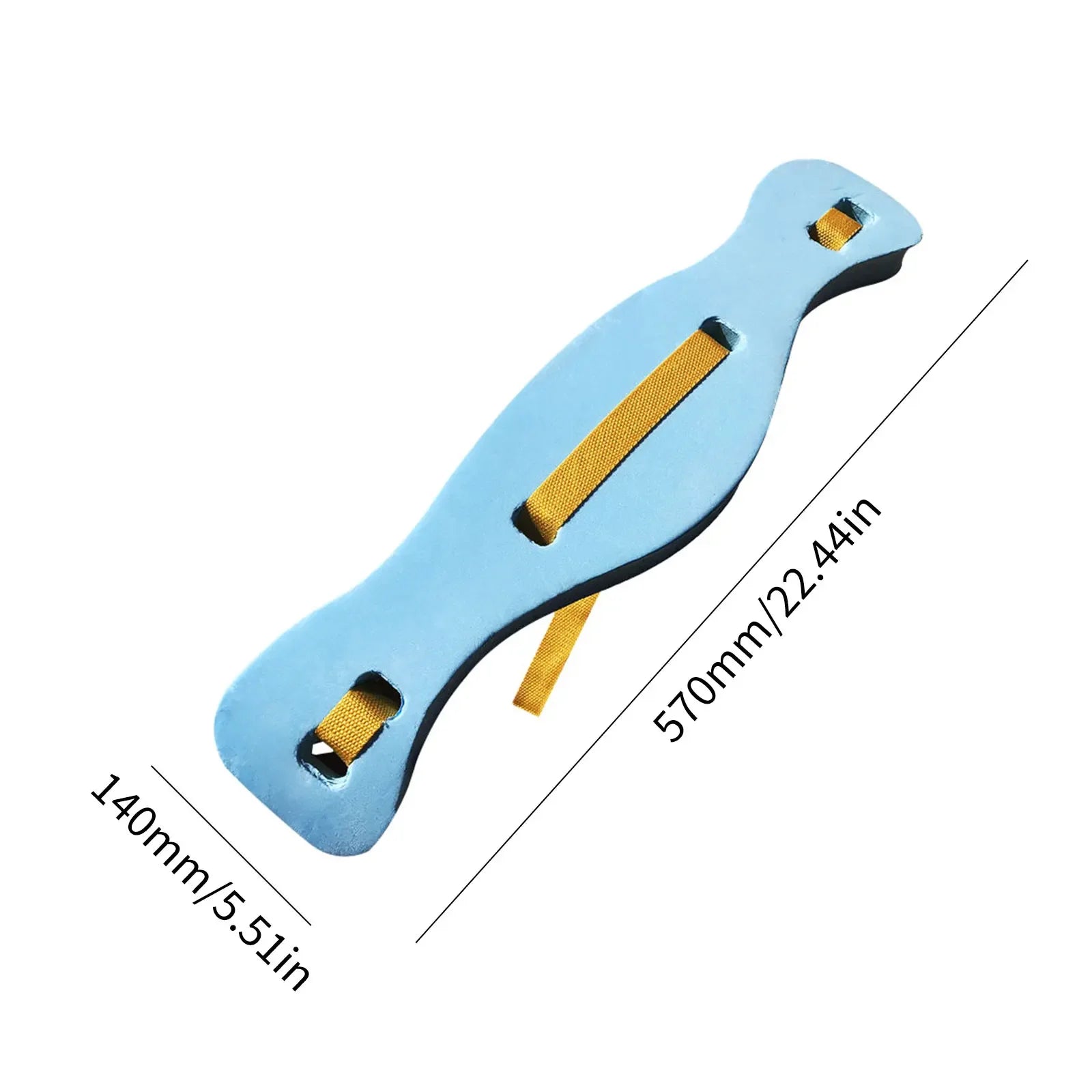 Blue and yellow water belt with measurements on a white background