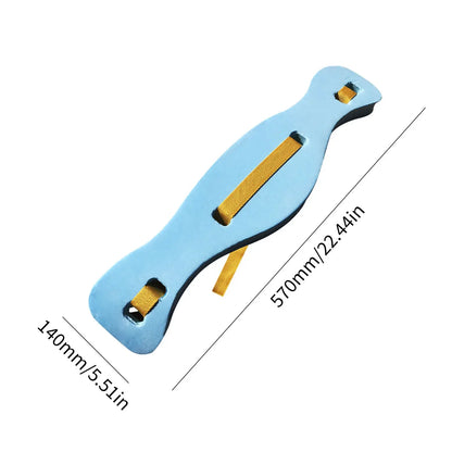Blue and yellow water belt with measurements on a white background