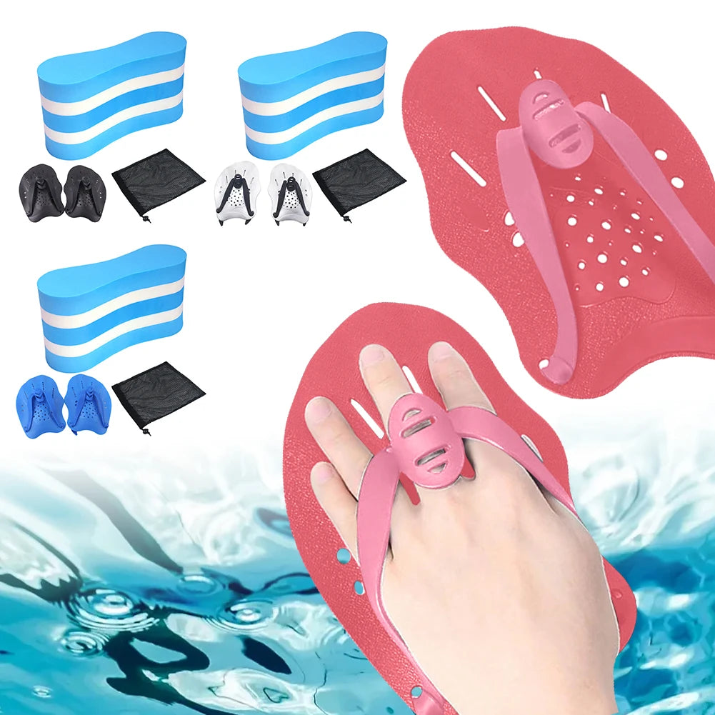 Set of swim training aids including pull buoy and hand paddles on a water-themed background.