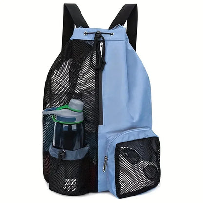 Light blue swimming backpack with black mesh pockets on a white background
