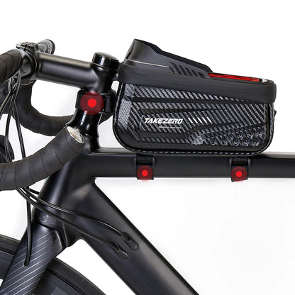Bicycle handlebar with a black bag and red lights on a white background