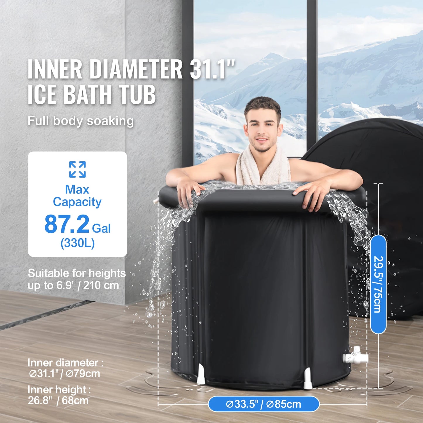 Person using an ice bath tub with specifications displayed