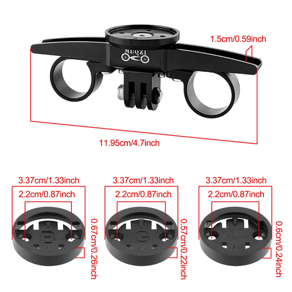 Black Aero Garmin mount with measurement details on a white background