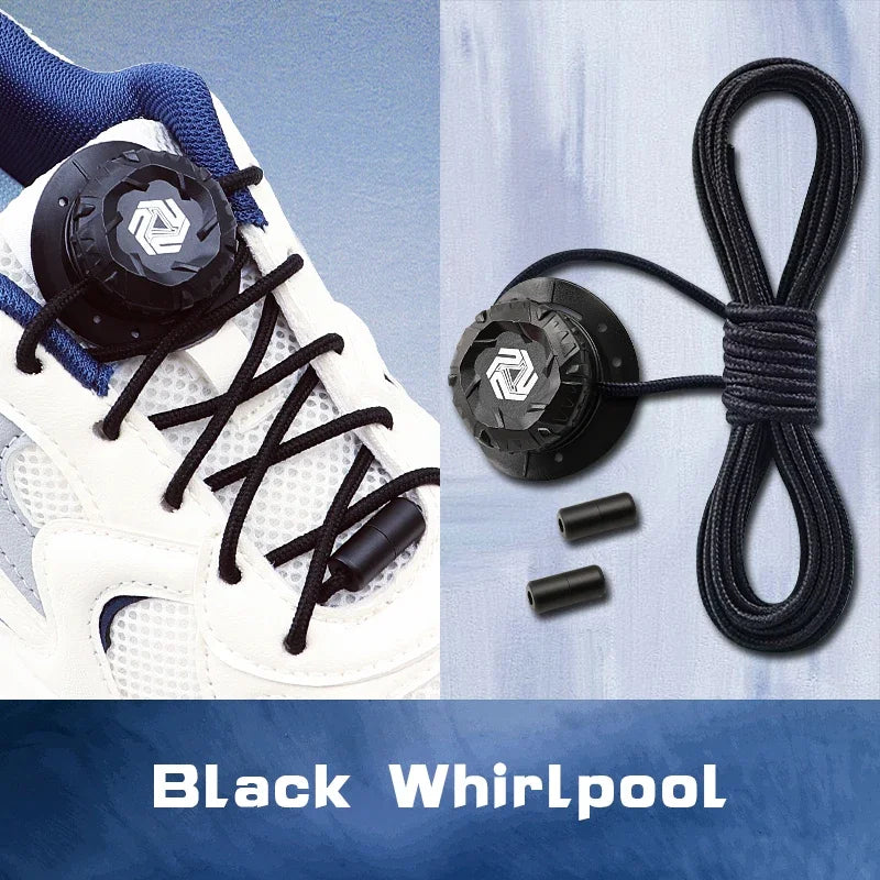 Black Whirlpool shoelace system with a shoe and components on a blue background