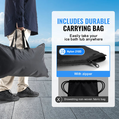 Person holding a durable carrying bag with text about its features.