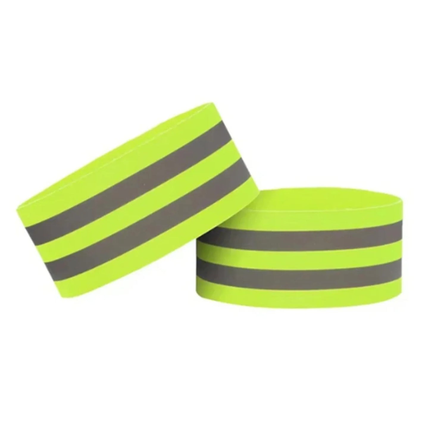 Two neon green wristbands with reflective gray stripes on a white background