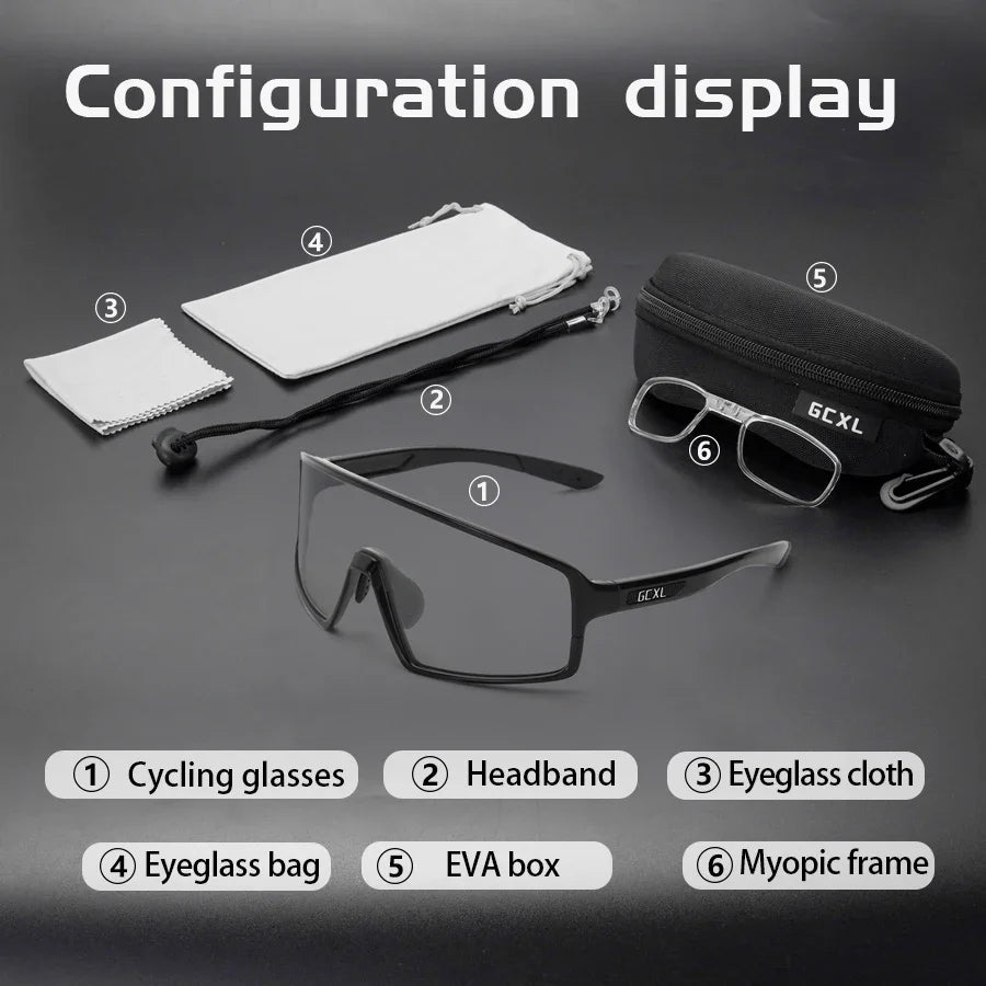 Set of cycling glasses with accessories on a dark background
