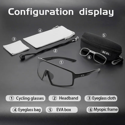 Set of cycling glasses with accessories on a dark background