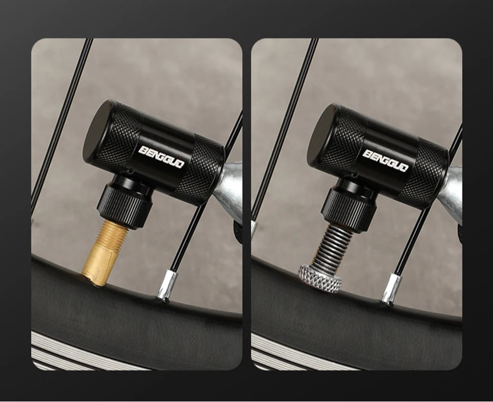 Two views of a black CO2 trigger with gold and silver components attached to a tire, on a dark background.