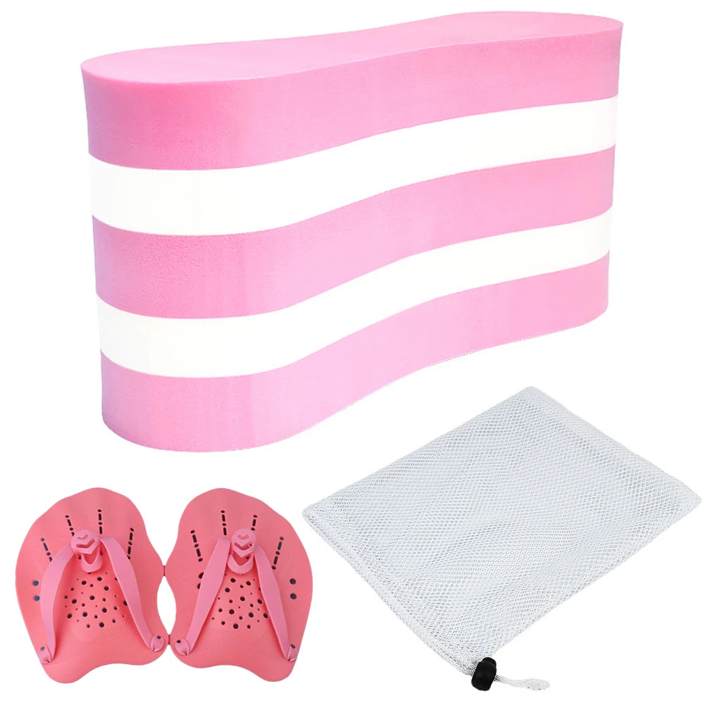 Pink and white swim float, pink swim paddles, and a white mesh bag on a white background