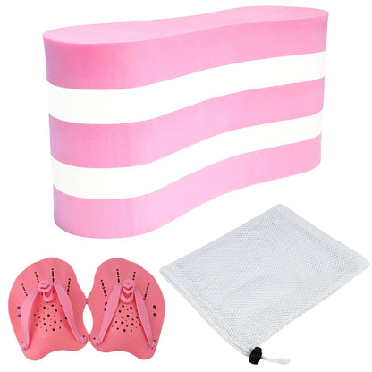 Pink and white swim float, pink swim paddles, and a white mesh bag on a white background