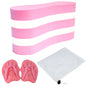 Pink and white swim float, pink swim paddles, and a white mesh bag on a white background