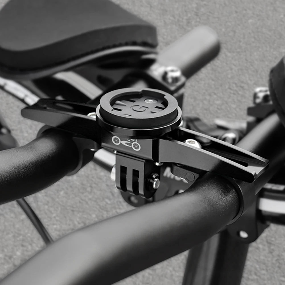 Close-up of a bike handlebar withAero Garmin mount  on a blurred background