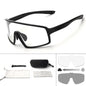 Black safety glasses with additional lenses and case on a white background