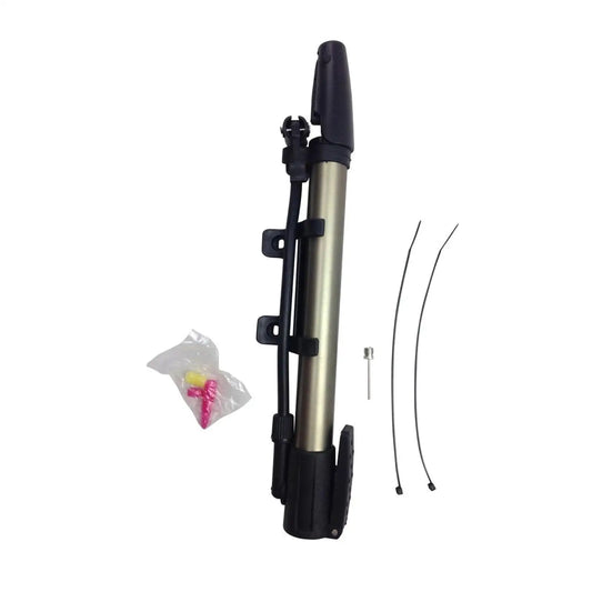 Portable bicycle pump with accessories on a white background