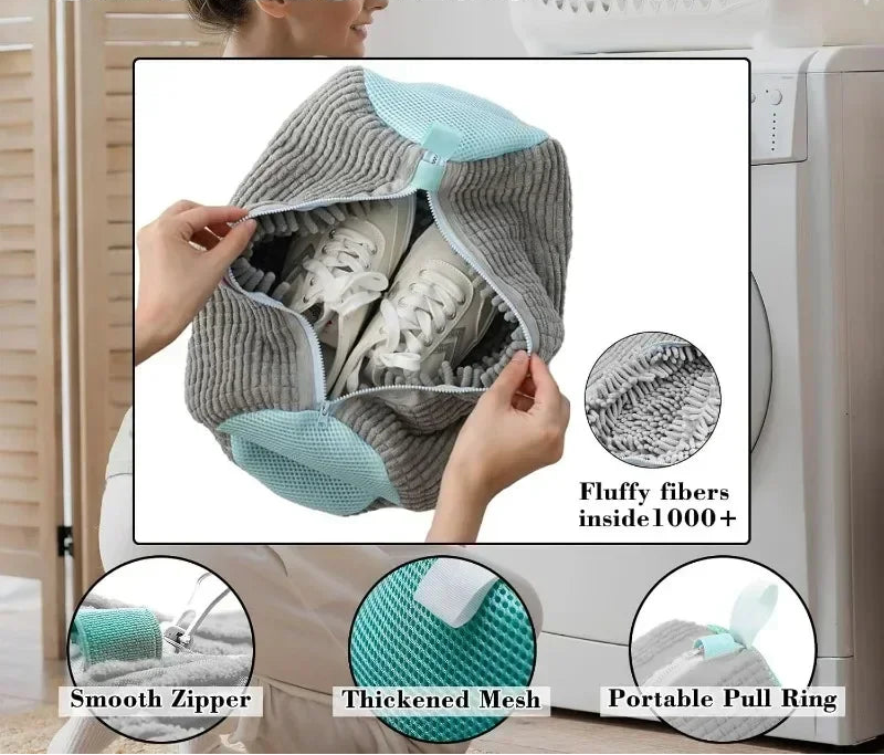 Chenille material shoe bag with text highlighting features like fluffy fibers, smooth zipper, thickened mesh, and portable pull ring.
