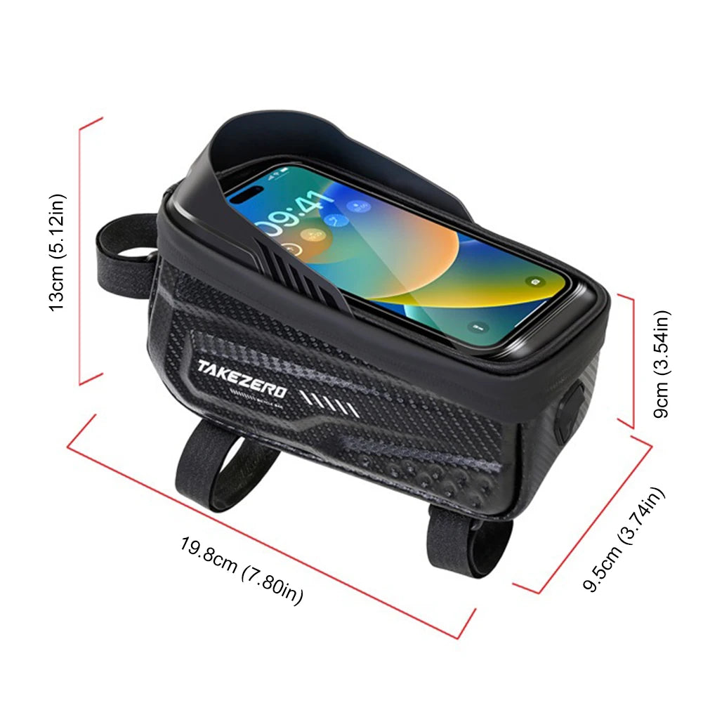 Black phone holder with smartphone displaying a colorful screen, featuring dimensions on a white background.