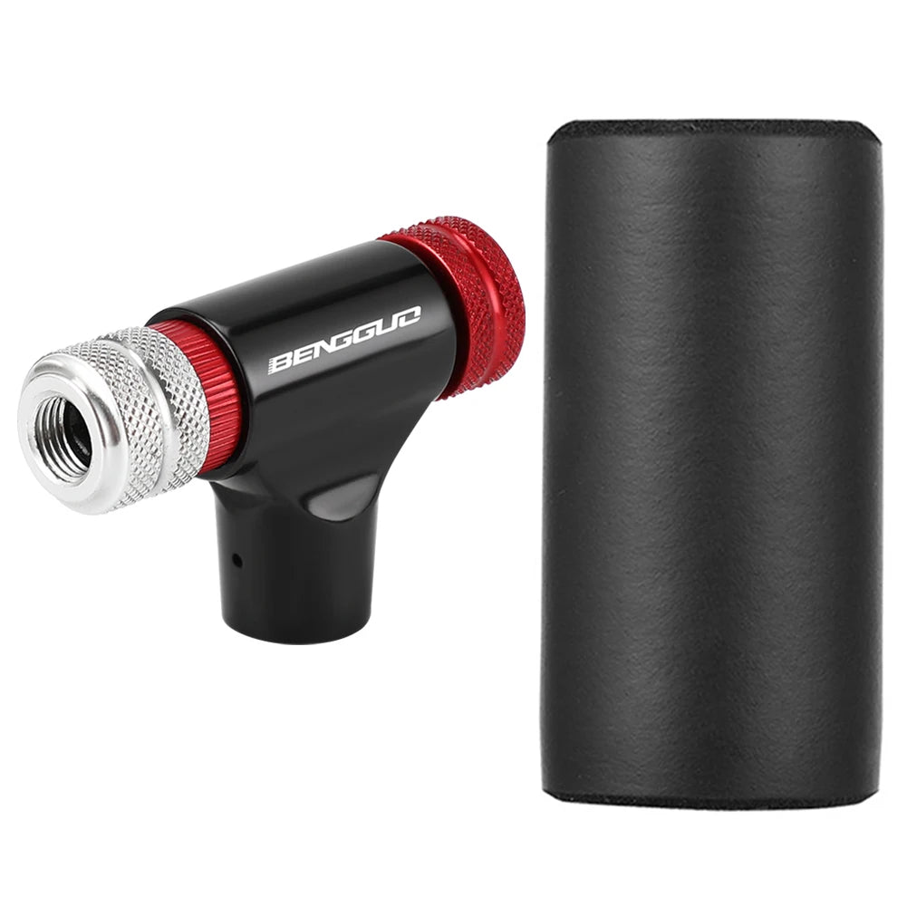 Black and red CO2 trigger with cylindrical black component on a white background