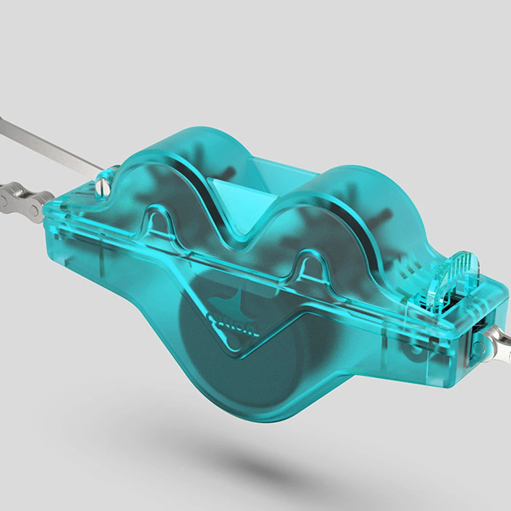 Turquoise plastic chain cleaning tool on a light gray background