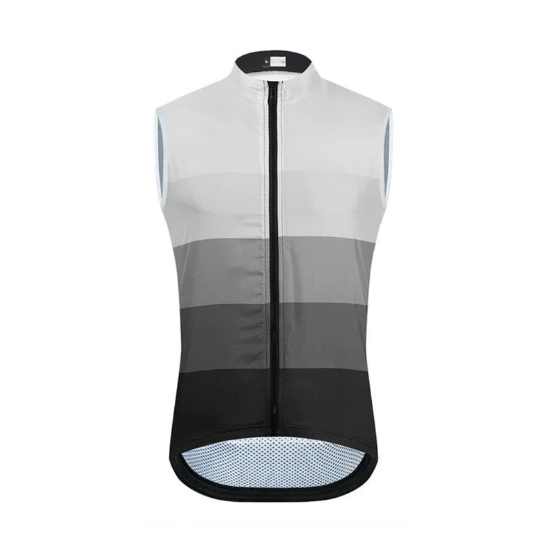 Cycling vest with black, gray, and white color scheme on a white background