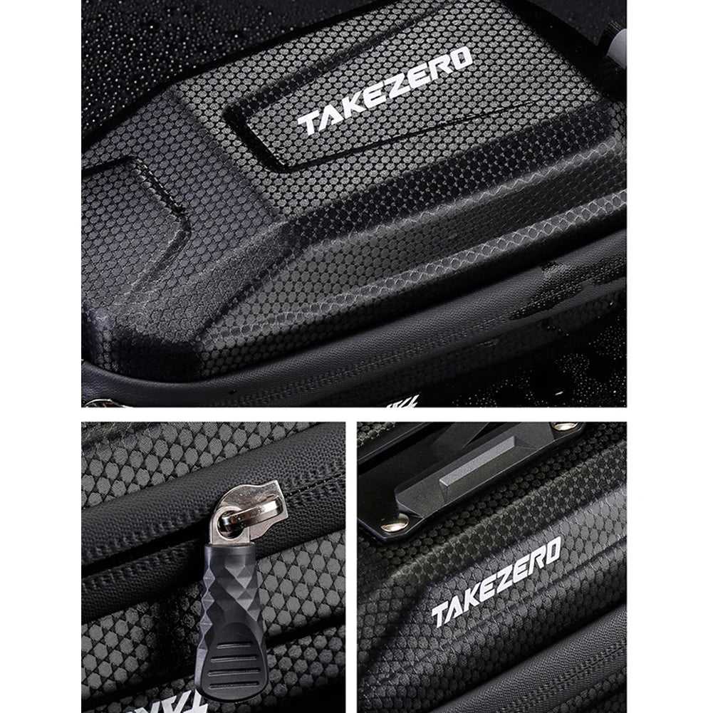 Black suitcase with 'TAKEZERO' branding, showing texture and zipper detail.