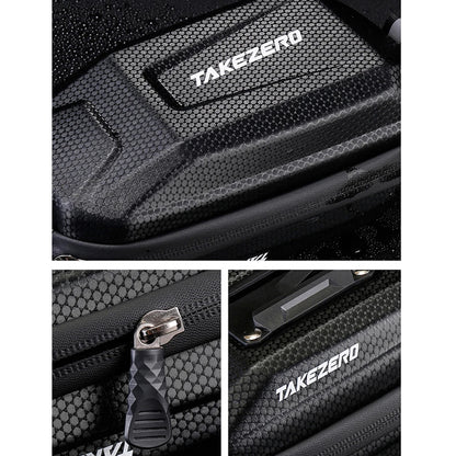 Black suitcase with 'TAKEZERO' branding, showing texture and zipper detail.