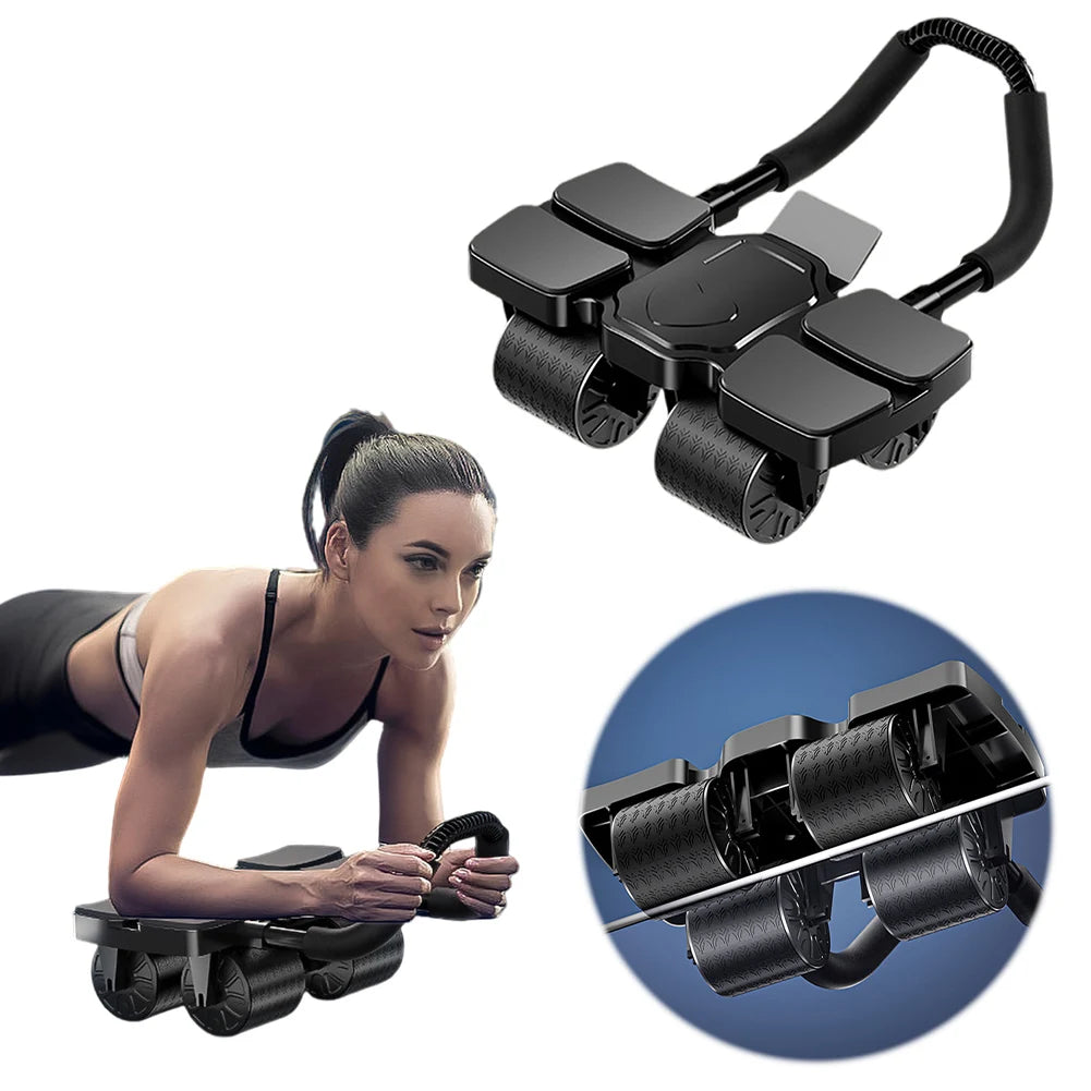Black exercise roller with a woman using it for planks on a white background
