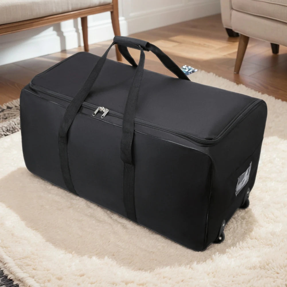 Black duffel bag on a carpeted floor with furniture in the background