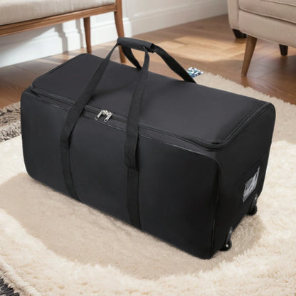Black duffel bag on a carpeted floor with furniture in the background