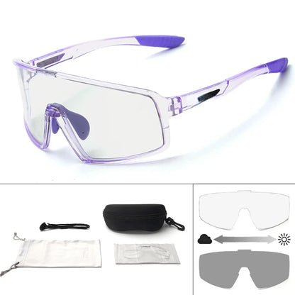 Sunglasses with purple frame and clear lenses, accompanied by cleaning cloth and case on a white background.