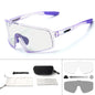 Sunglasses with purple frame and clear lenses, accompanied by cleaning cloth and case on a white background.