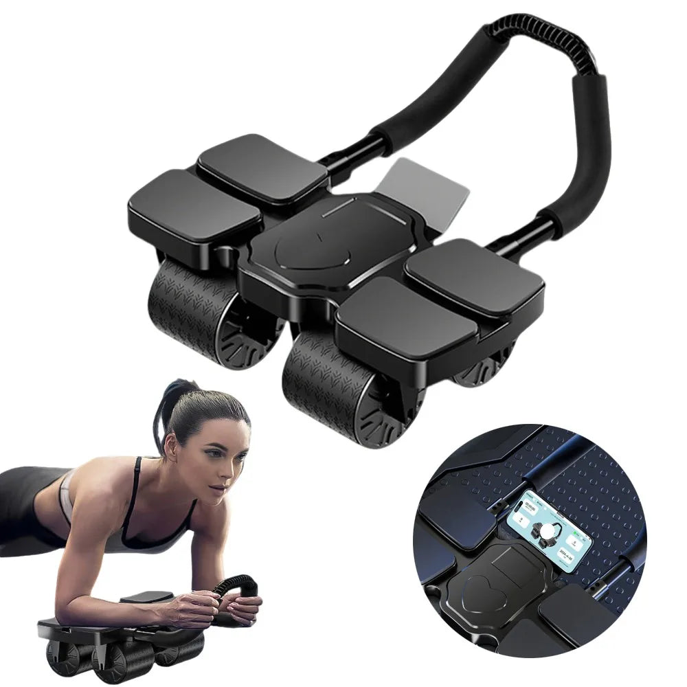 Black core exercise device with digital display, used by a woman in a plank position on a white background.