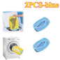 Two blue mesh shoe wash bags with yellow cloths being used in a washing machine, labeled '2PCS-blue'.