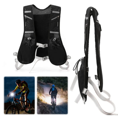 Black running vest with reflective stripes, straps, and images of a cyclist at night.