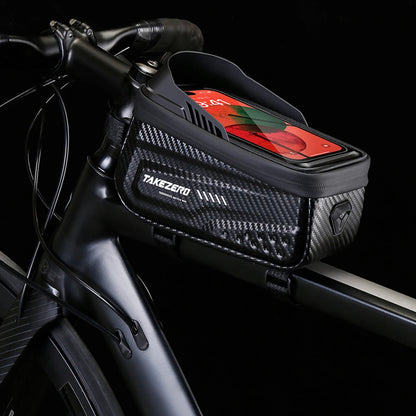 Bicycle handlebar bag with smartphone mount on a black background