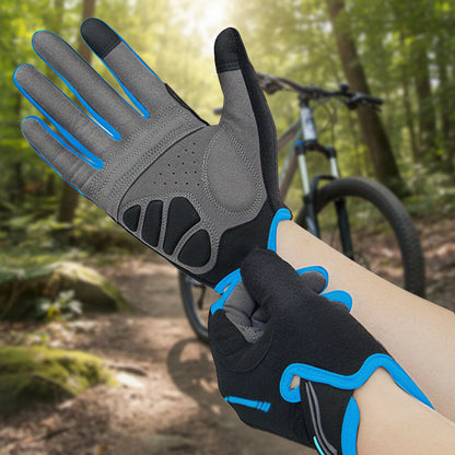 Shock-Absorbing Full-Finger Cycling Gloves - Large Blue
