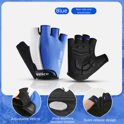 Shock-Absorbing Half-Finger Cycling Gloves - Medium Blue