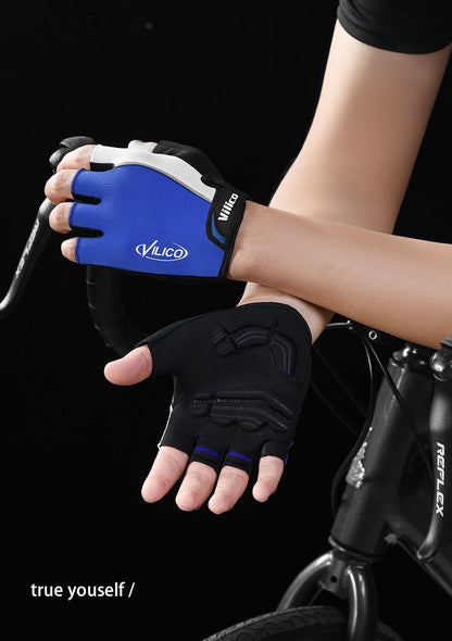 Shock-Absorbing Half-Finger Cycling Gloves - Medium Blue