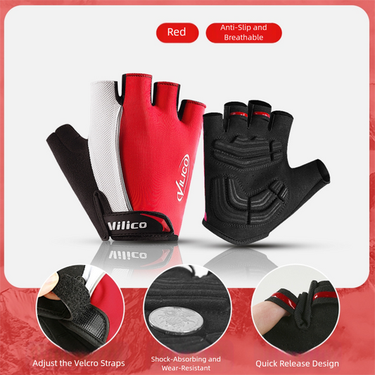 Shock-Absorbing Half-Finger Cycling Gloves - Medium Red