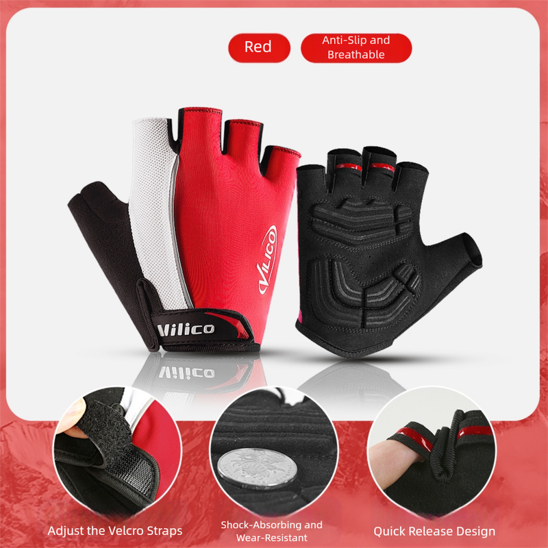 Shock-Absorbing Half-Finger Cycling Gloves - Large Red