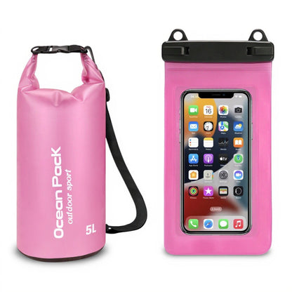 Waterproof Dry Bag + Bonus Phone Pouch - Pink 5L