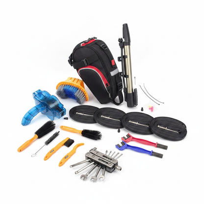 Triathlon Cycling Gear Bundle - Mini Pump, Inner Tubes, Saddle Bag, Multi Tool & Cleaning Kit